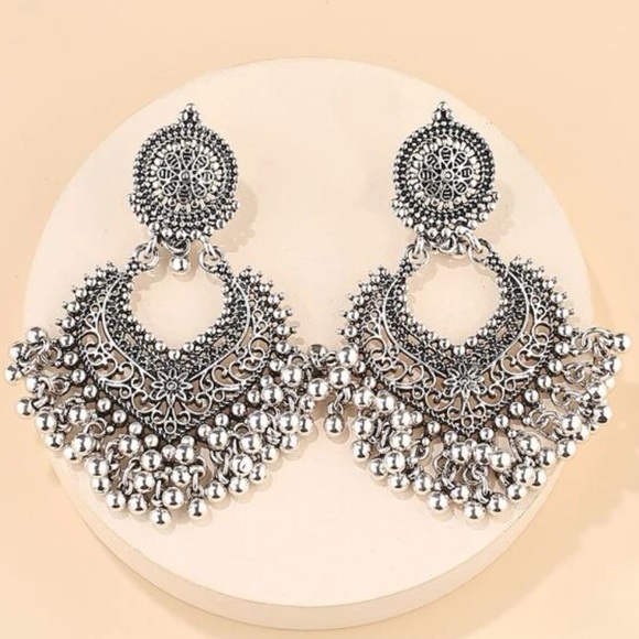 Round Ball Tassel Drop Festival Silver tone, Boho Hippie, Ethnic, Club Earrings - Picture 8 of 9